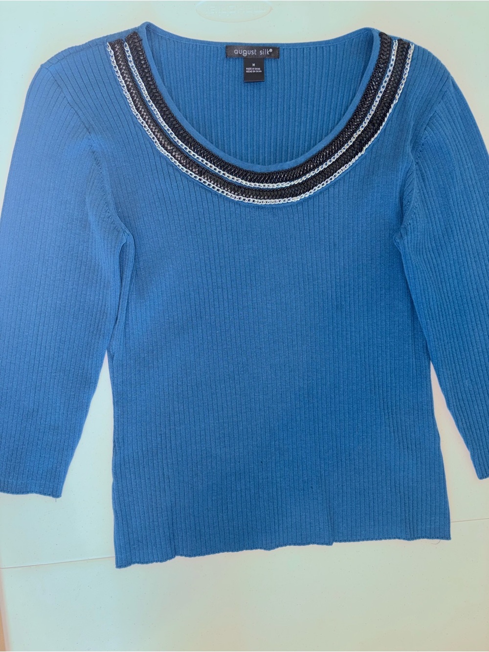 august silk blue ribbed scoop neck sweater with beaded trim